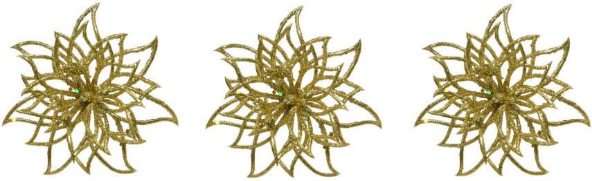 Merkloos 3x stuks decoratie bloemen kerstster goud glitter op clip 14 cm Kunstbloemen