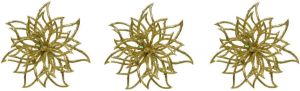 Merkloos 3x stuks decoratie bloemen kerststerren goud glitter clip 14 cm Decoratiebloemen kerstboomversiering kerstversiering Kunstbloemen