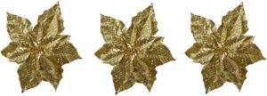 Merkloos 3x stuks decoratie bloemen kerststerren goud glitter op clip 23 cm Decoratiebloemen kerstboomversiering Kunstbloemen