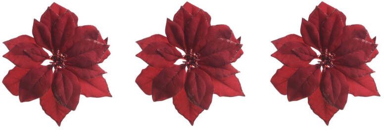 Merkloos 3x stuks decoratie bloemen kerstster rood glitter op clip 24 cm Kunstbloemen