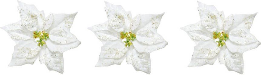 Merkloos 3x stuks decoratie bloemen kerstster wit glitter op clip 20 cm Kunstbloemen