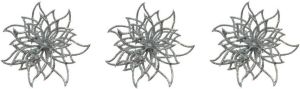 Merkloos 3x stuks decoratie bloemen kerststerren zilver glitter op clip 14 cm Decoratiebloemen kerstboomversiering Kunstbloemen