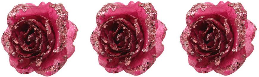 Merkloos 3x stuks decoratie bloemen roos framboos roze (magnolia) glitter op clip 14 cm Kunstbloemen