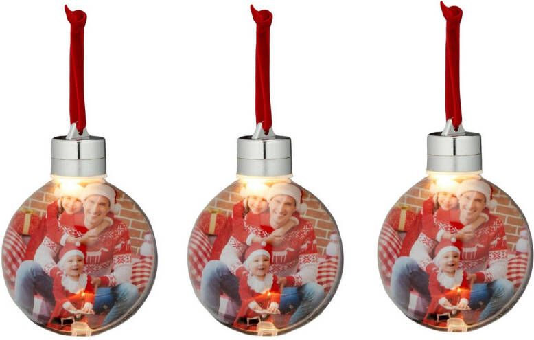 Merkloos 3x stuks DIY foto fotolijst kunststof kerstballen transparant 8 cm met verlichting Kerstbal
