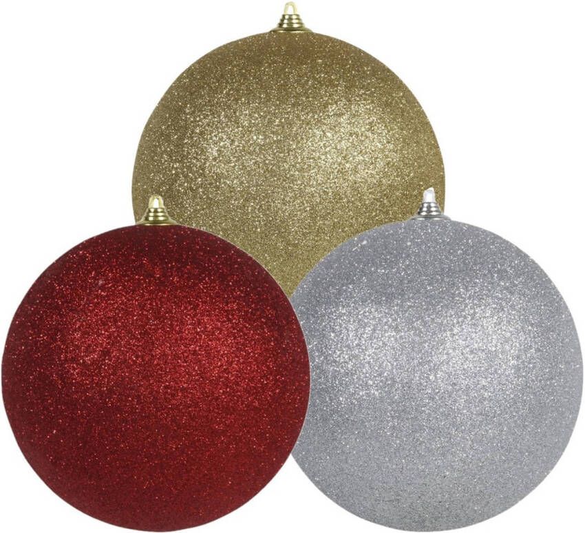 Merkloos 3x stuks grote glitter kerstballen van 18 cm set Goud Zilver Rood Kerstbal