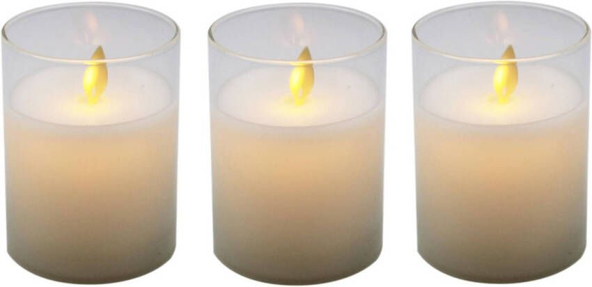 Merkloos 3x stuks Led kaarsen stompkaarsen wit in glas 10 cm flakkerend LED kaarsen