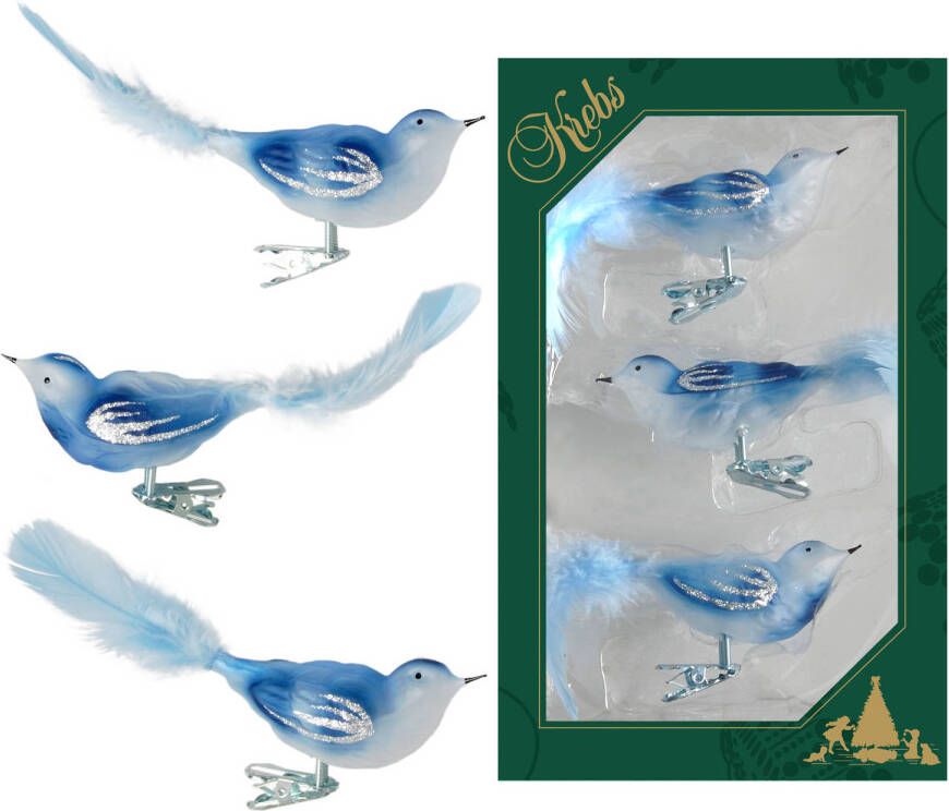 Merkloos 3x stuks luxe glazen decoratie vogels op clip blauw 11 cm Kersthangers