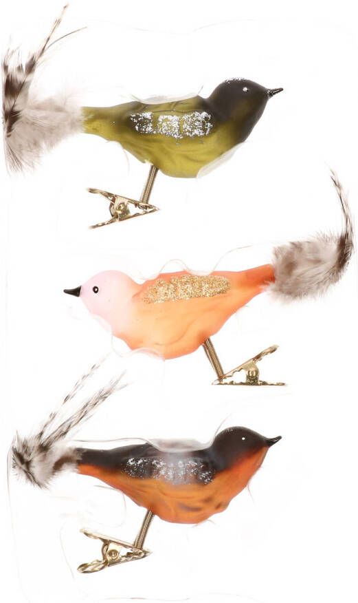 Merkloos 3x stuks luxe glazen decoratie vogels op clip gekleurd 11 cm Kersthangers