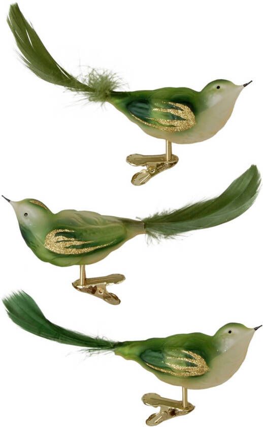Merkloos 3x stuks luxe glazen decoratie vogels op clip groen 11 cm Kersthangers