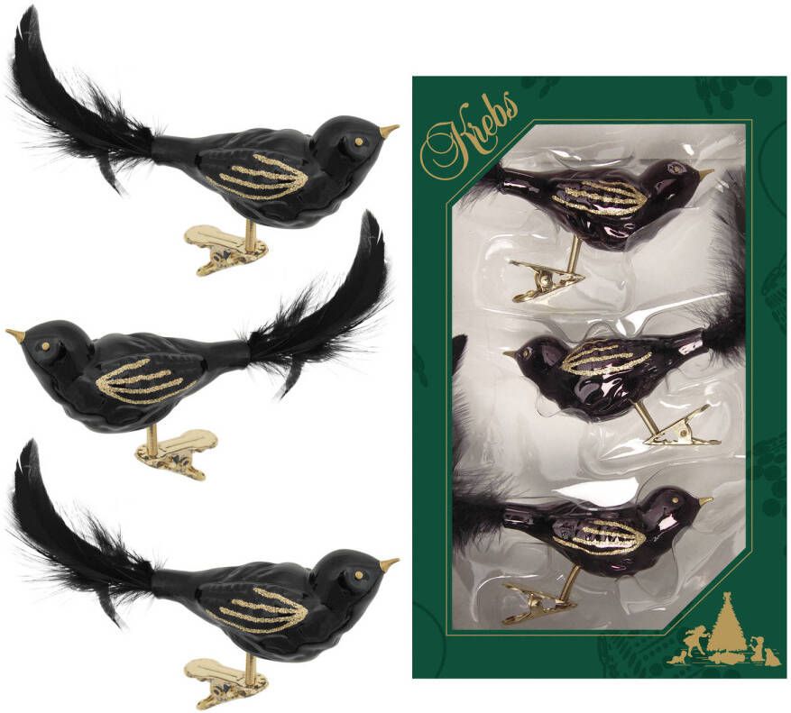 Merkloos 3x stuks luxe glazen decoratie vogels op clip zwart 11 cm Kersthangers