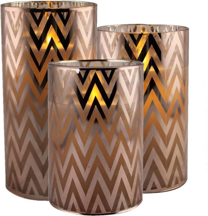 Merkloos 3x stuks luxe led kaarsen in koper glas H10 cm H12 5 cm en H15 cm LED kaarsen