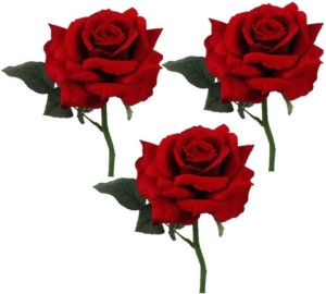 Merkloos 3x stuks Valentijn thema feestartikelen kunstbloem Rode roos rozen deluxe 31 cm Kunstbloemen