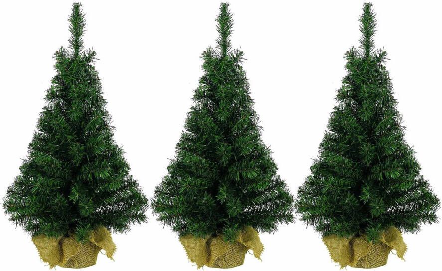 Merkloos 3x stuks volle mini kerstbomen groen in jute zak 45 cm kunstbomen Kunstkerstboom