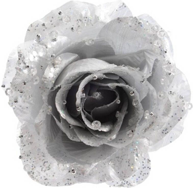 Merkloos 3x Zilveren glitter rozen met clip Kersthangers