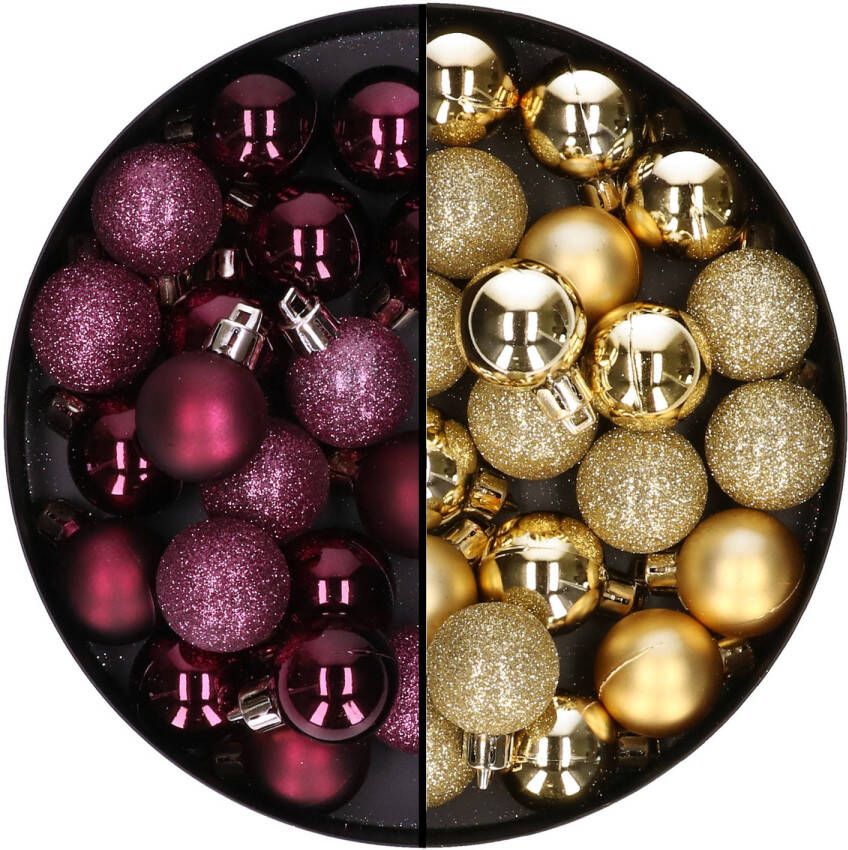 Merkloos 40x stuks kleine kunststof kerstballen aubergine paars en goud 3 cm Kerstbal