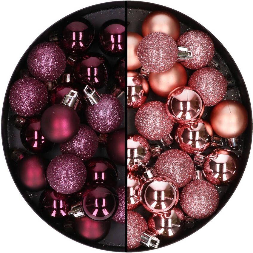 Merkloos 40x stuks kleine kunststof kerstballen aubergine paars en roze 3 cm Kerstbal