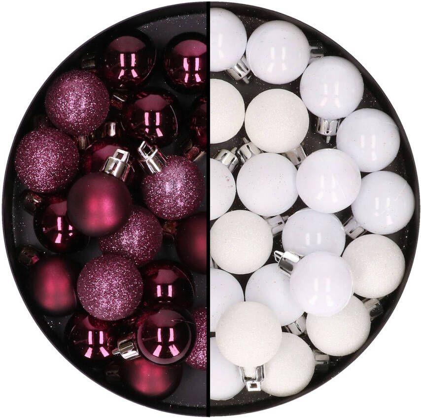 Merkloos 40x stuks kleine kunststof kerstballen aubergine paars en wit 3 cm Kerstbal
