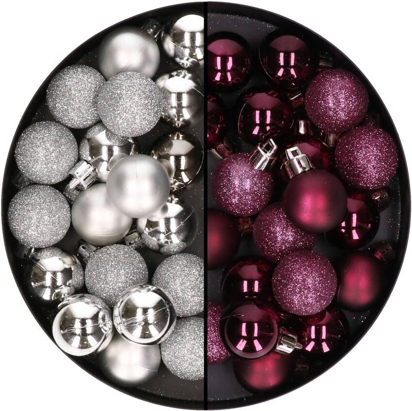 Merkloos 40x stuks kleine kunststof kerstballen aubergine paars en zilver 3 cm Kerstbal
