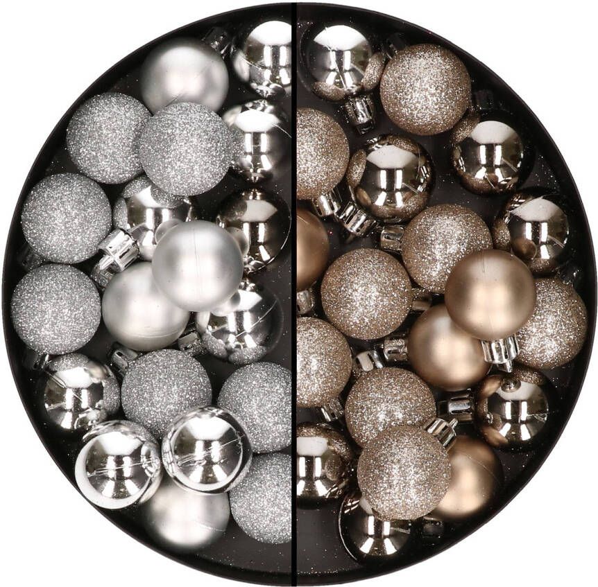 Merkloos 40x stuks kleine kunststof kerstballen champagne en zilver 3 cm Kerstbal