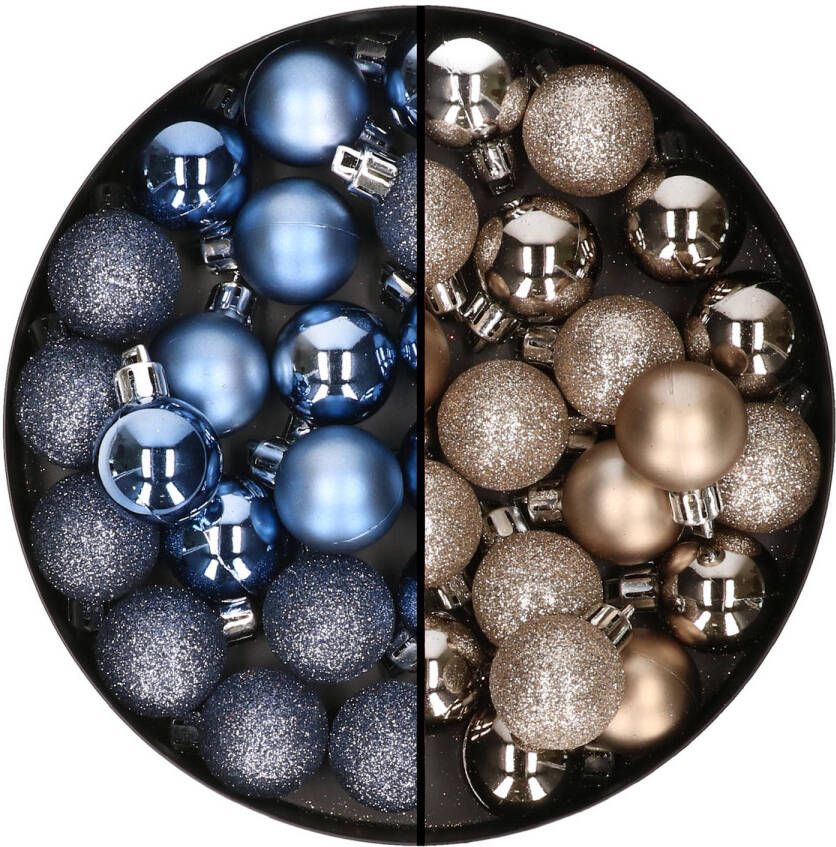 Merkloos 40x stuks kleine kunststof kerstballen donkerblauw en champagne 3 cm Kerstbal