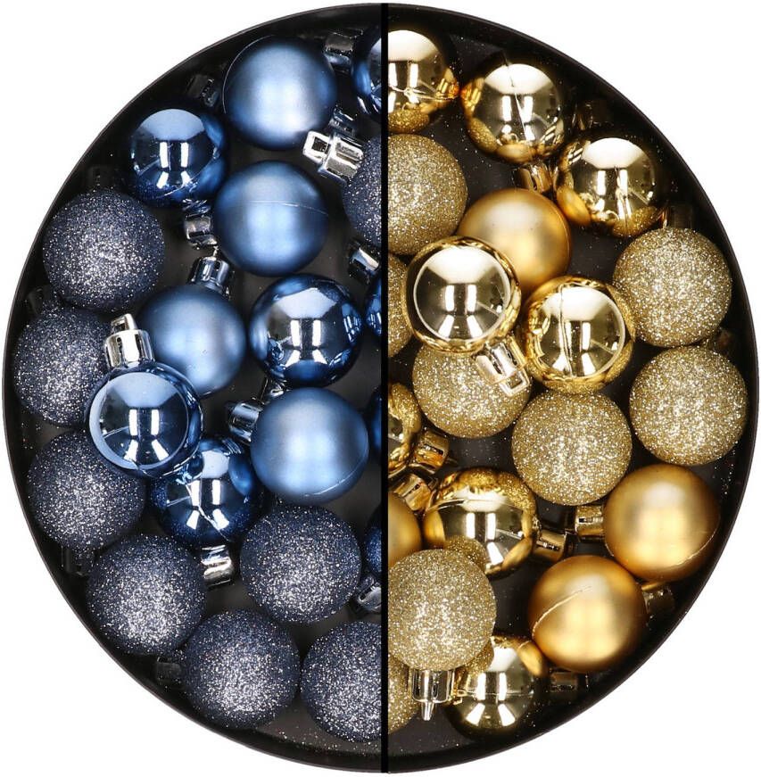 Merkloos 40x stuks kleine kunststof kerstballen donkerblauw en goud 3 cm Kerstbal