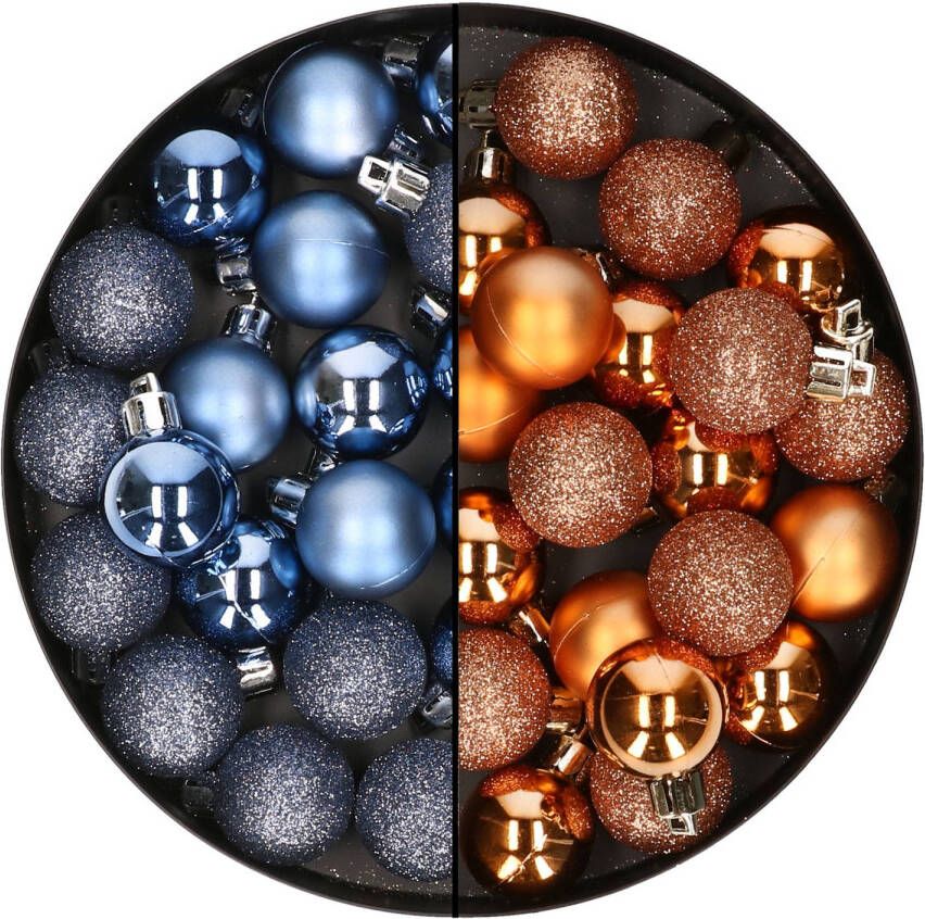 Merkloos 40x stuks kleine kunststof kerstballen donkerblauw en koper 3 cm Kerstbal
