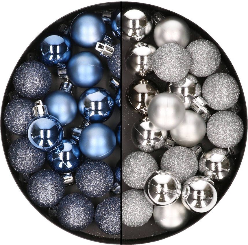 Merkloos 40x stuks kleine kunststof kerstballen donkerblauw en zilver 3 cm Kerstbal