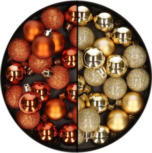 Merkloos 40x stuks kleine kunststof kerstballen goud en oranje 3 cm Kerstbal