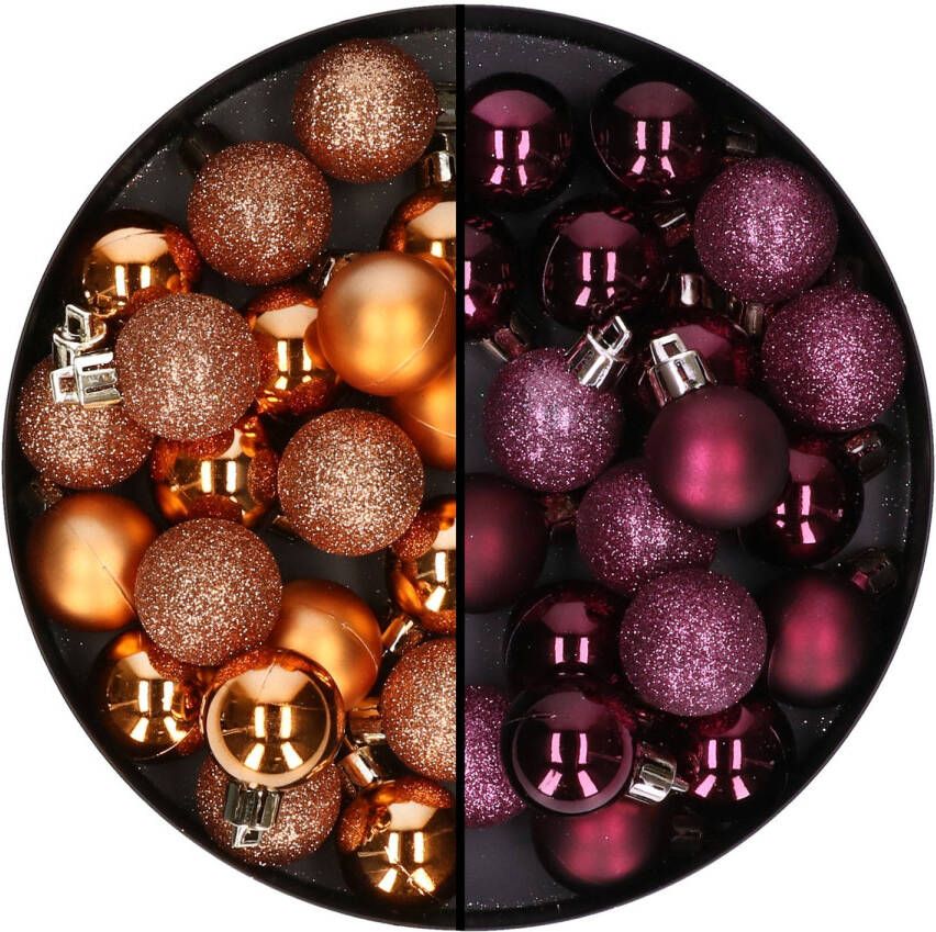 Merkloos 40x stuks kleine kunststof kerstballen koper en aubergine paars 3 cm Kerstbal