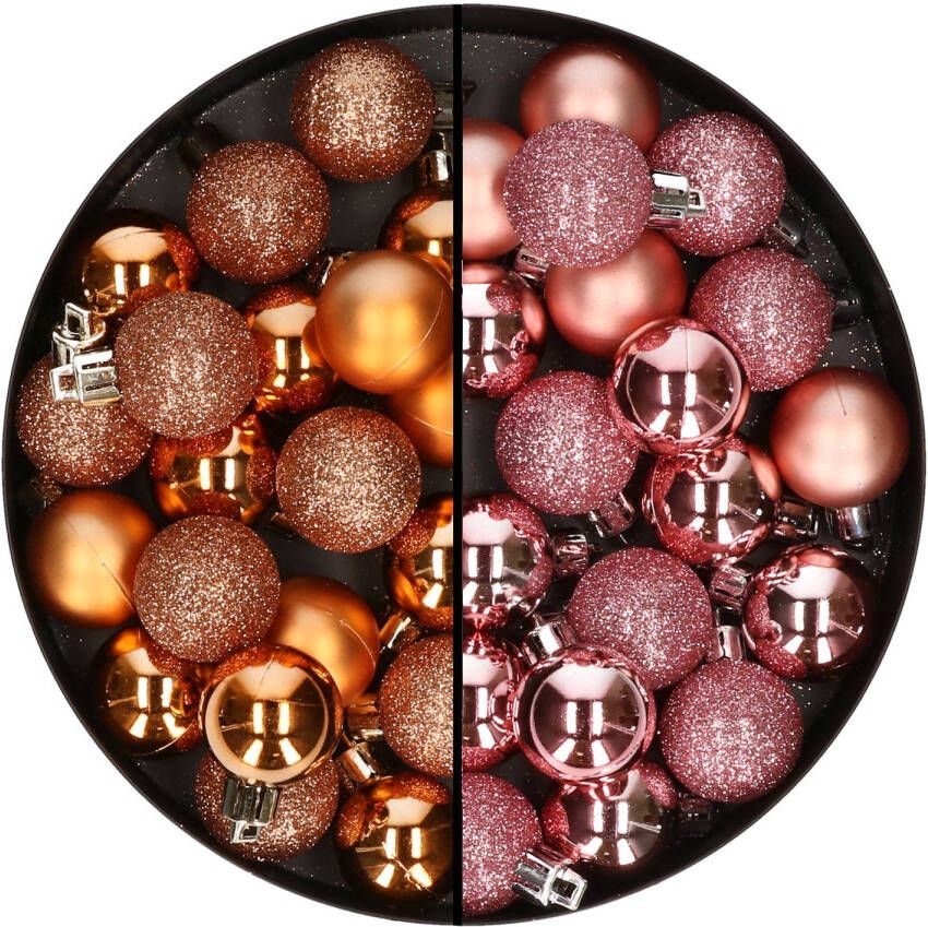 Merkloos 40x stuks kleine kunststof kerstballen koper en roze 3 cm Kerstbal