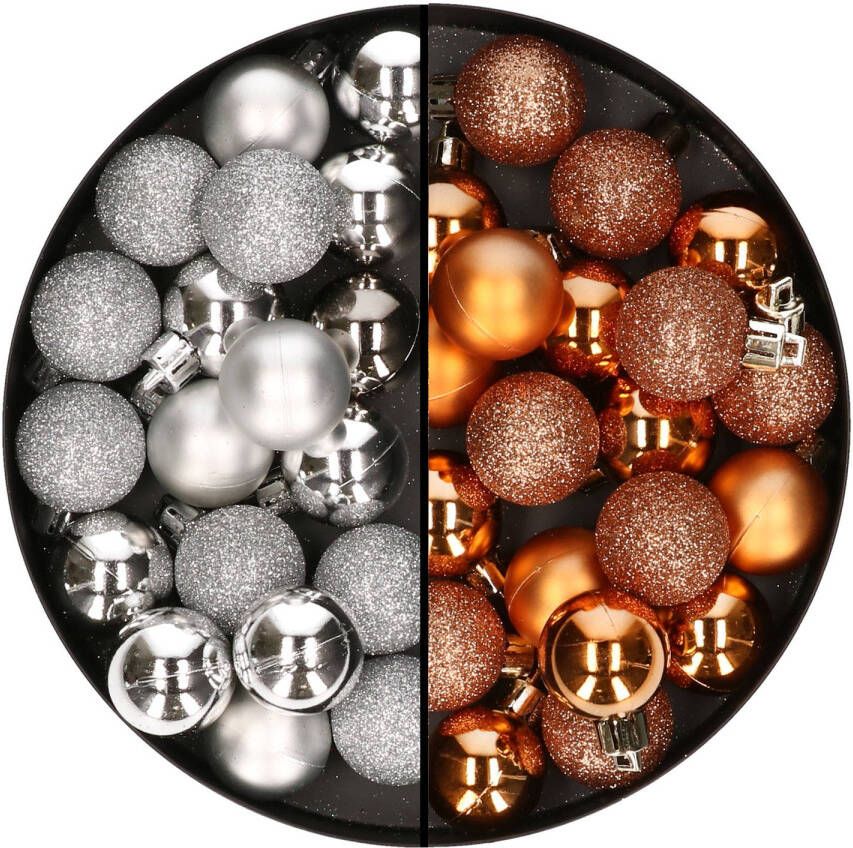 Merkloos 40x stuks kleine kunststof kerstballen koper en zilver 3 cm Kerstbal