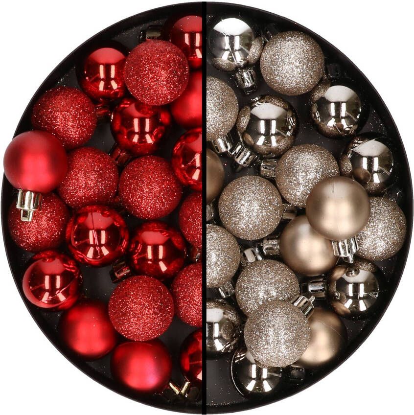 Merkloos 40x stuks kleine kunststof kerstballen rood en champagne 3 cm Kerstbal