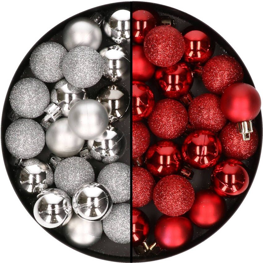 Merkloos 40x stuks kleine kunststof kerstballen rood en zilver 3 cm Kerstbal