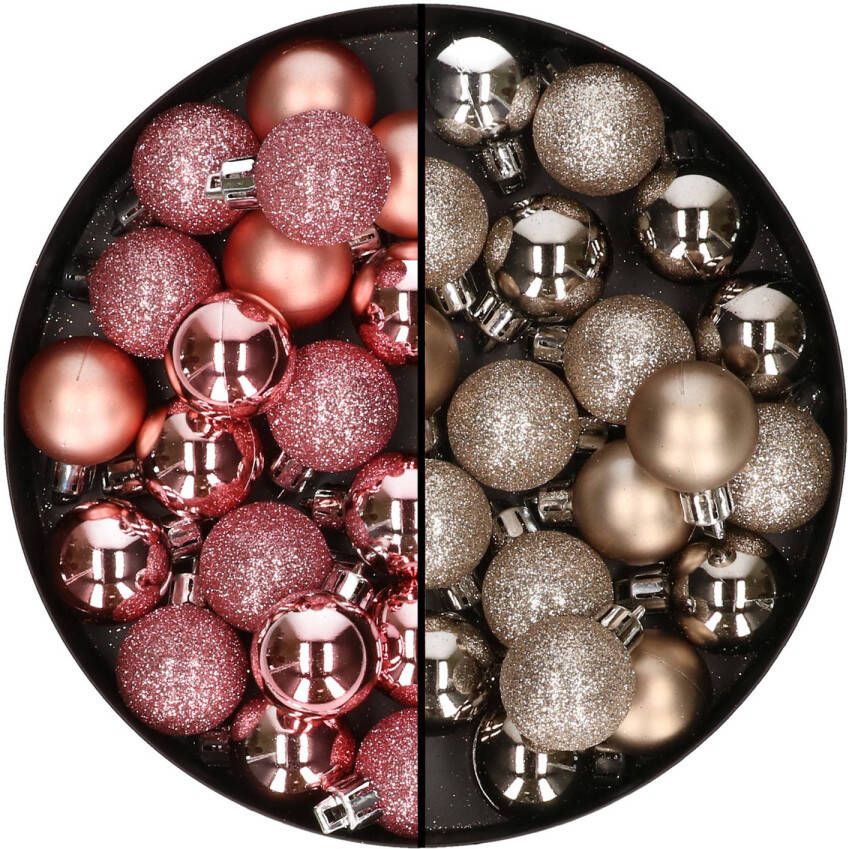 Merkloos 40x stuks kleine kunststof kerstballen roze en champagne 3 cm Kerstbal