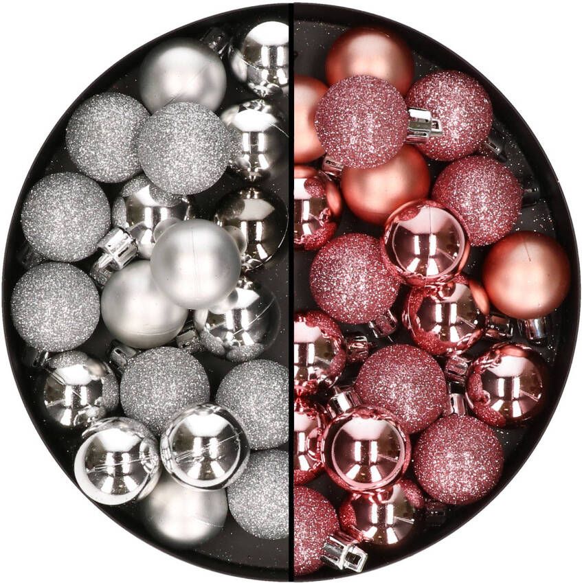 Merkloos 40x stuks kleine kunststof kerstballen roze en zilver 3 cm Kerstbal
