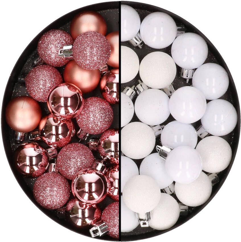 Merkloos 40x stuks kleine kunststof kerstballen wit en roze 3 cm Kerstbal