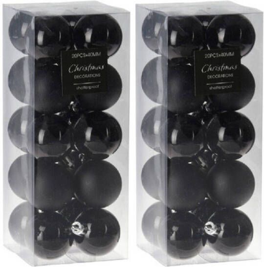 Decoris 40x stuks kleine kunststof kerstballen zwart 4 cm Kerstbal