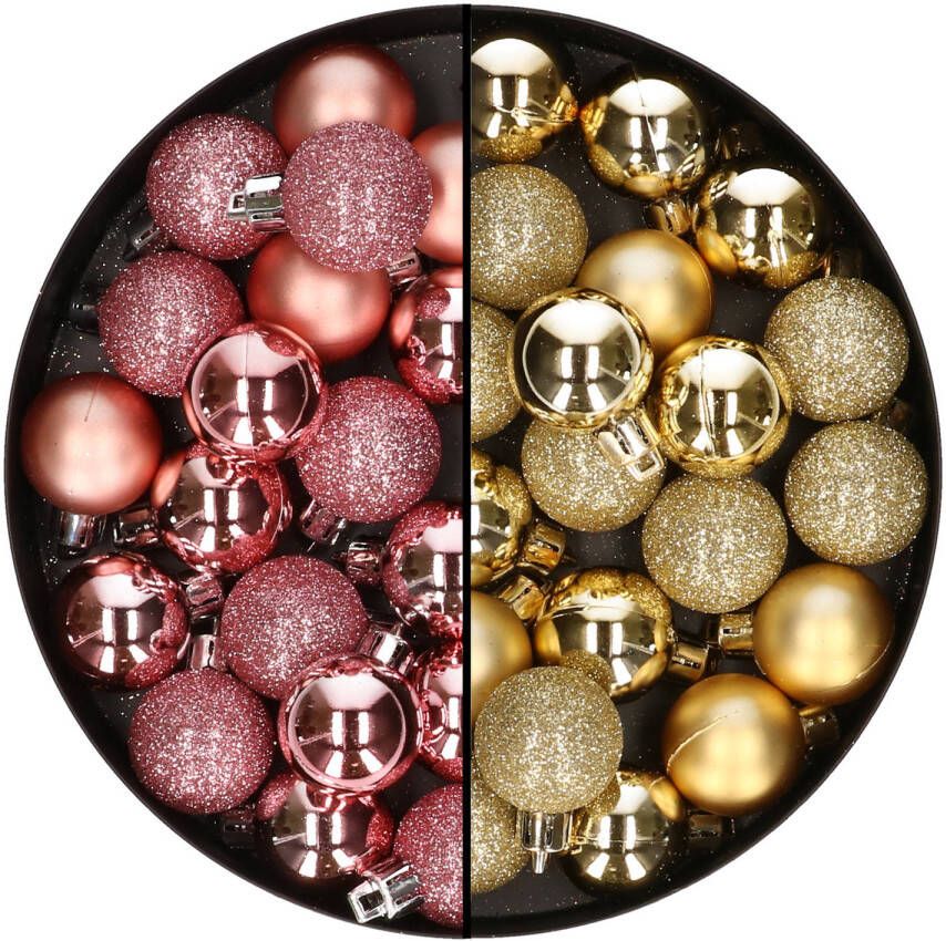 Merkloos 40x stuks kunststof kerstballen 3 cm goud en roze Kerstbal