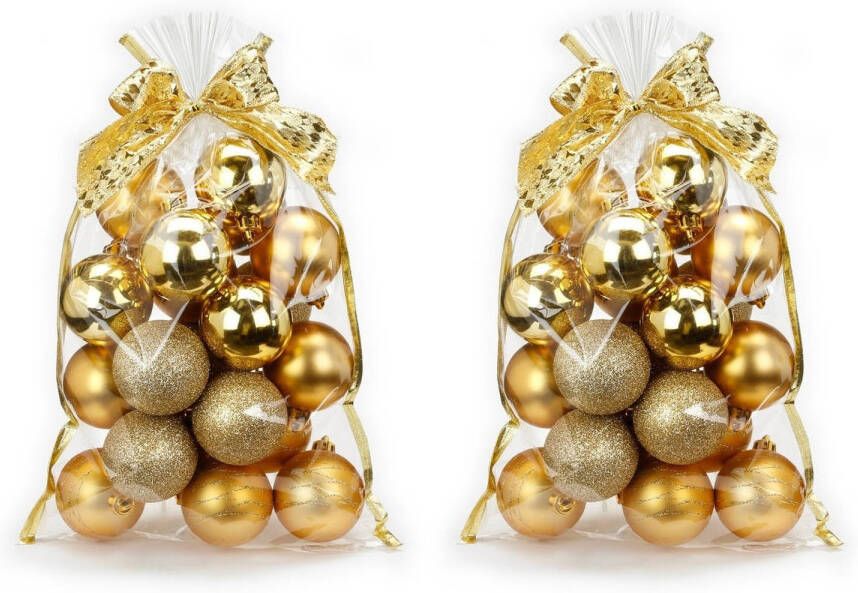Merkloos 40x stuks kunststof kerstballen goud mix 6 cm in giftbag Kerstbal