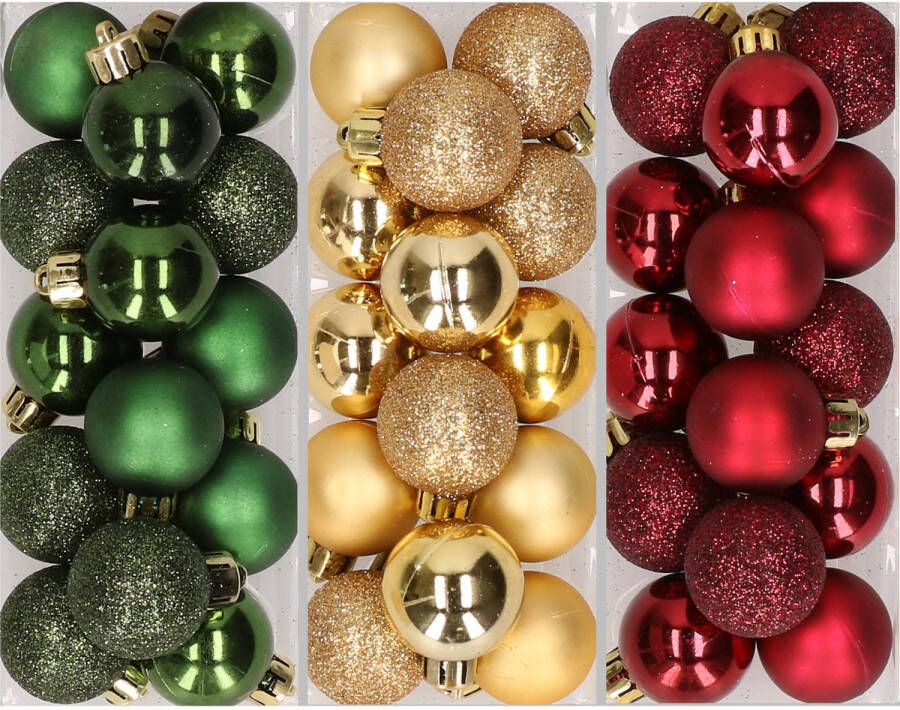 Merkloos 42x stuks kleine kunststof kerstballen goud bordeaux rood en dennengroen 3 cm Kerstbal