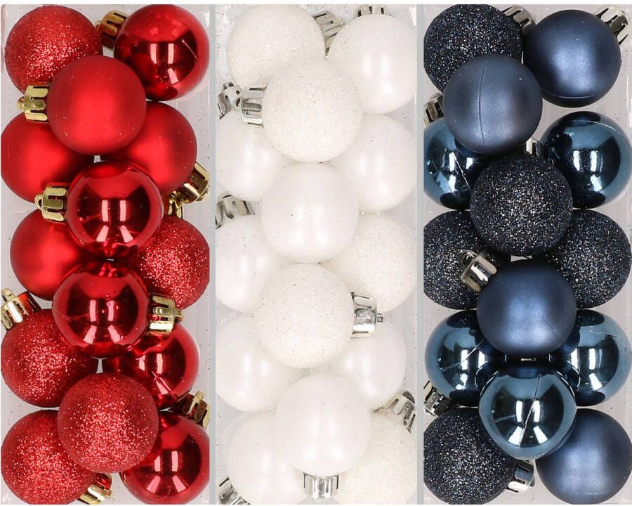 Merkloos 42x stuks kleine kunststof kerstballen mix rood wit en blauw 3 cm Kerstbal