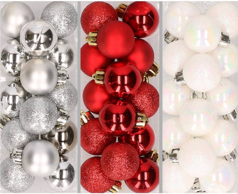 Merkloos 42x stuks kleine kunststof kerstballen rood wit en zilver 3 cm Kerstbal