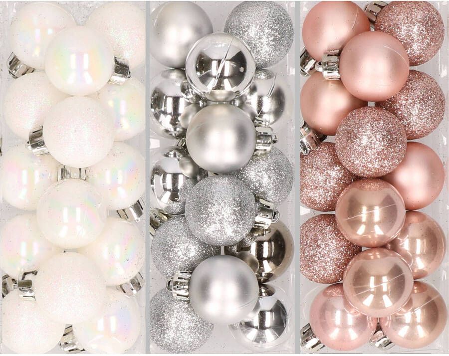 Merkloos 42x stuks kleine kunststof kerstballen zilver parelmoer wit en lichtroze 3 cm Kerstbal