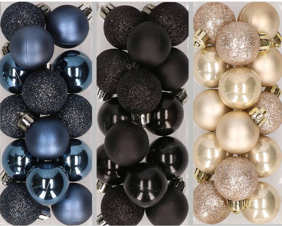 Merkloos 42x stuks kleine kunststof kerstballen zwart champagne en nachtblauw 3 cm Kerstbal