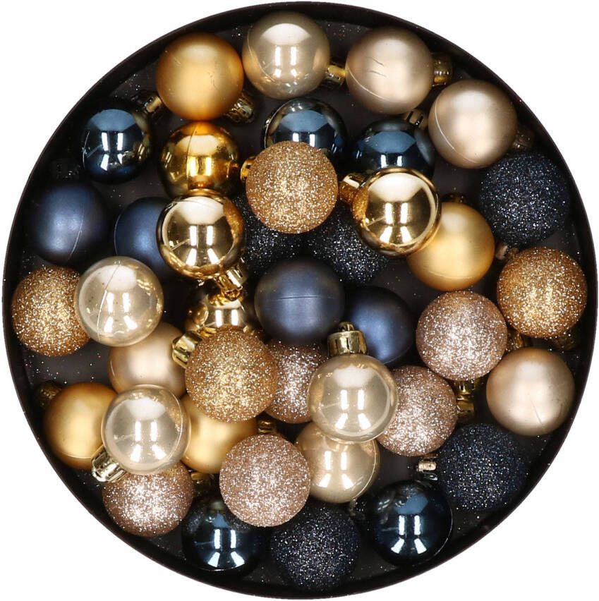 Merkloos 42x stuks kunststof kerstballen donkerblauw champagne en goud mix 3 cm Kerstbal