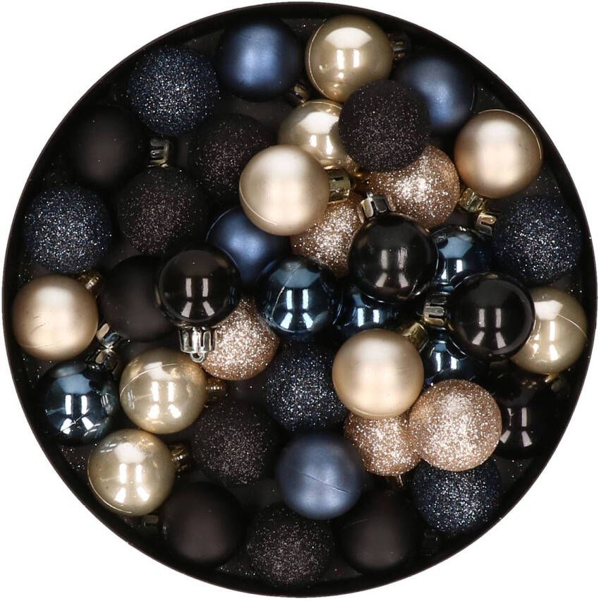 Merkloos 42x stuks kunststof kerstballen donkerblauw champagne en zwart mix 3 cm Kerstbal