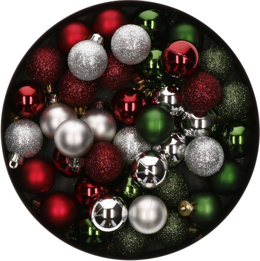Merkloos 42x Stuks kunststof kerstballen mix donkergroen zilver donkerrood 3 cm Kerstbal