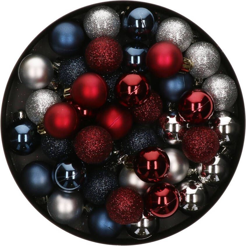 Merkloos 42x Stuks kunststof kerstballen mix donkerrood zilver donkerblauw 3 cm Kerstbal