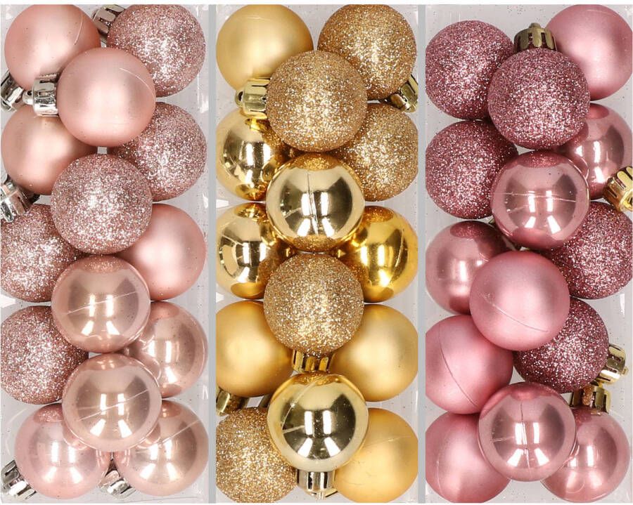 Merkloos 42x Stuks kunststof kerstballen mix goud lichtroze oud roze 3 cm Kerstbal