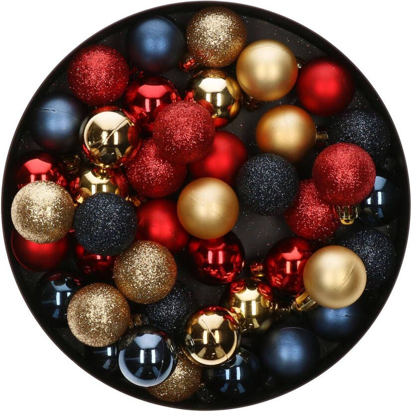 Merkloos 42x Stuks kunststof kerstballen mix rood goud donkerblauw 3 cm Kerstbal